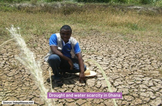 Man looking at dry and cracked soil following drought and water scarcity in Ghana